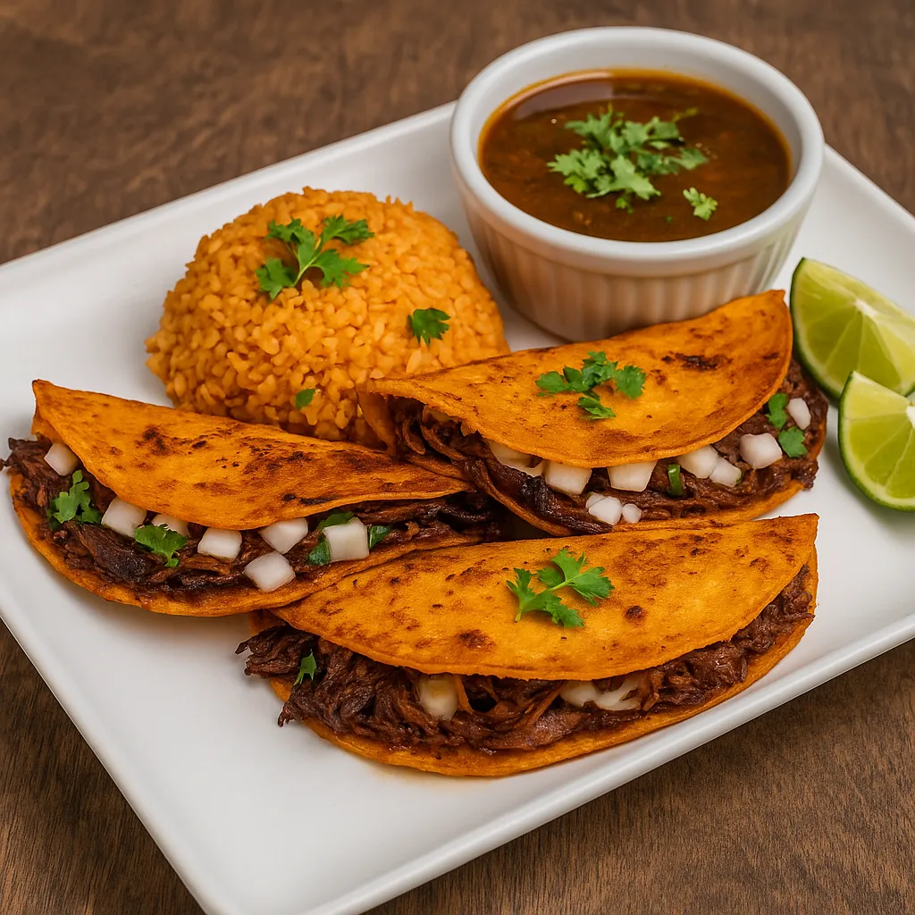 Three cheesy birria tacos on a square white plate, filled with shredded beef, onions, and cilantro, served with a side of Mexican rice, birria consomé, and lime wedges on a wooden table