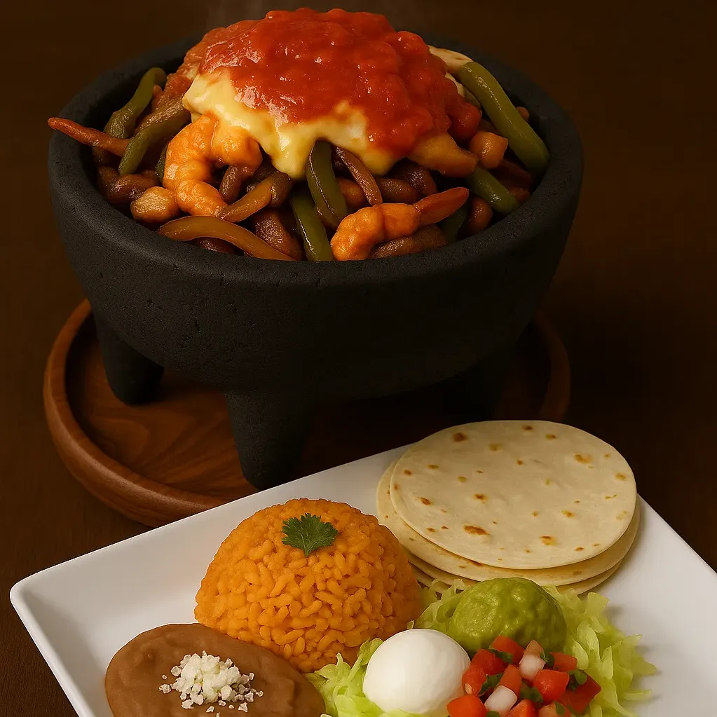 Molcajete dish served in a traditional stone bowl with steak, chicken, shrimp, bell peppers, onions, melted cheese, and ranchero sauce, accompanied by a square white plate with Mexican rice, refried beans, tortillas, shredded lettuce, pico de gallo, guacamole, and sour cream