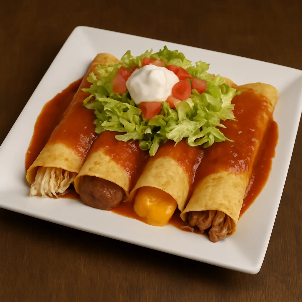 Enchiladas Supreme featuring four rolled corn tortillas filled with chicken, beans, cheese, and beef, topped with ranchero sauce, shredded lettuce, diced tomatoes, and sour cream on a square white plate