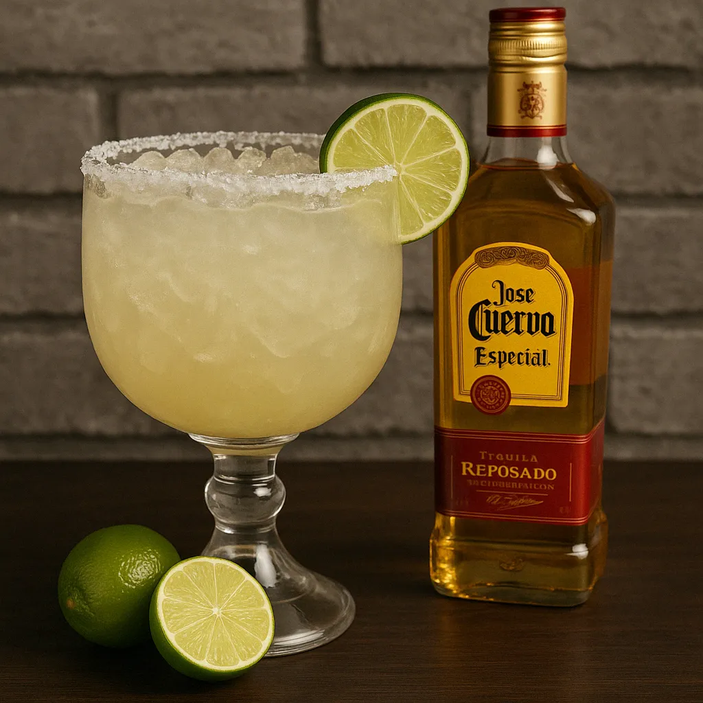 Jumbo house margarita served in a salt-rimmed goblet with lime garnish, accompanied by fresh limes on a rustic table with a brick wall background
