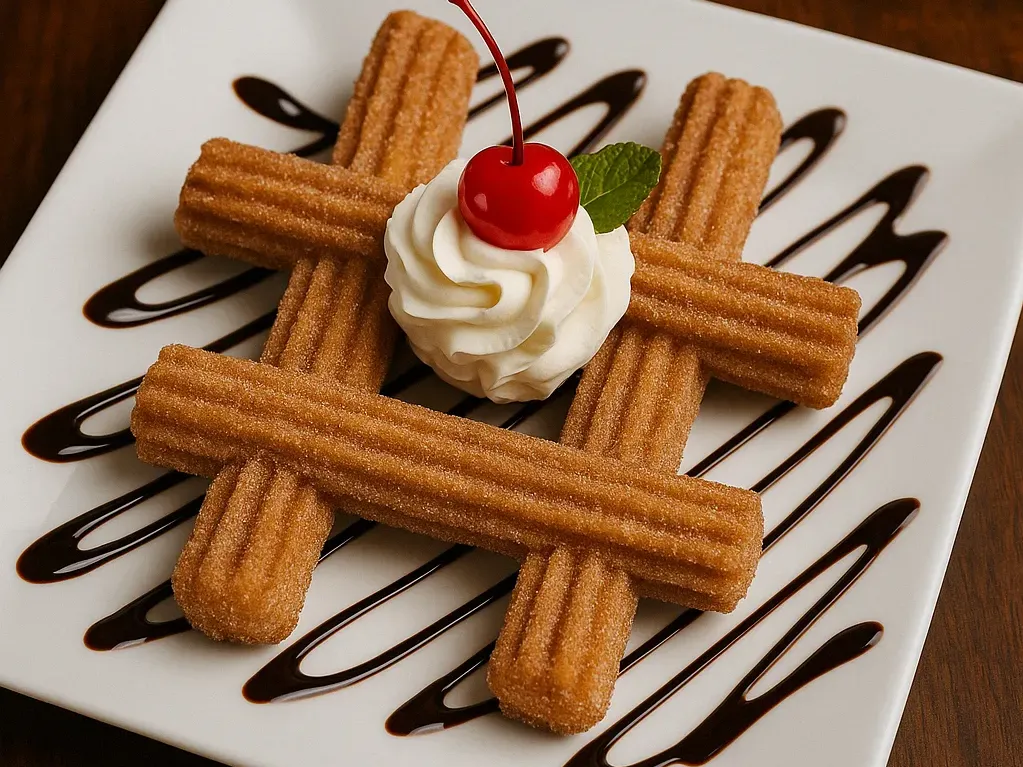 Four cinnamon sugar churros arranged in a hashtag shape with whipped cream, cherry, mint leaf, and chocolate drizzle on a white square plate