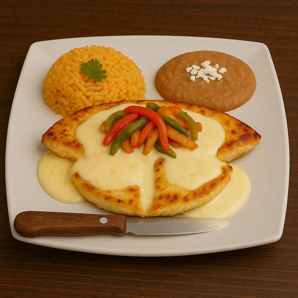 Pollo Loco dish with grilled chicken breast, sautéed bell peppers, onions, tomatoes, and white nacho cheese sauce, served with Mexican rice and refried beans at Vallartas Lutz.
