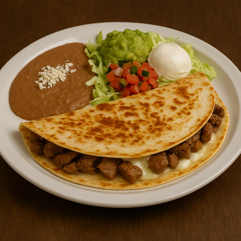 Quesadilla Mexicana made with grilled flour tortilla, beef tips, and cheese, served with refried beans, guacamole salad with shredded lettuce, diced tomato, and a dollop of sour cream on a white plate over a wooden table