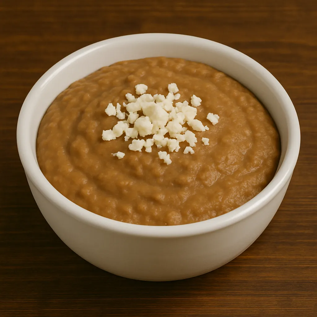 Side of creamy refried beans topped with queso fresco at Vallartas Mexican Restaurant in Lutz