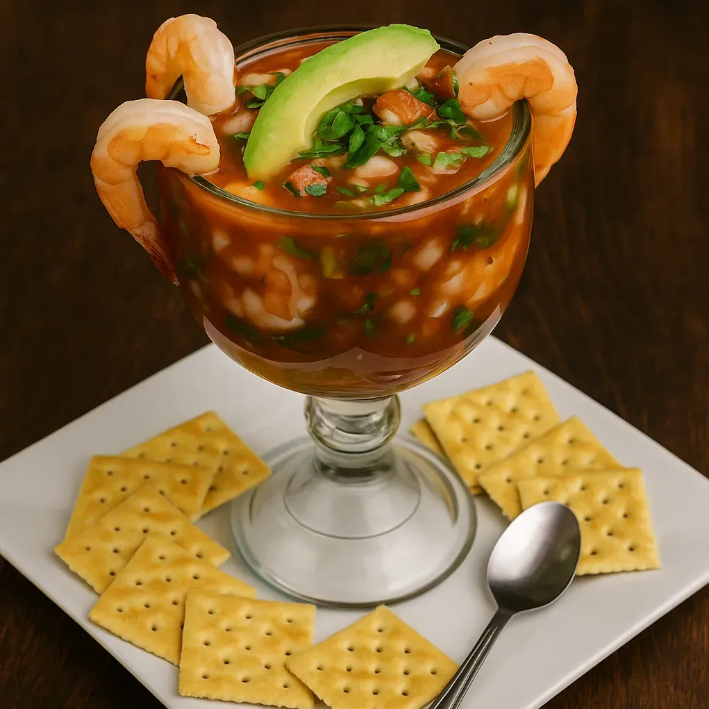 Fresh shrimp cocktail served with avocado, onions, tomato, and lime at Vallartas Mexican Restaurant in Lutz
