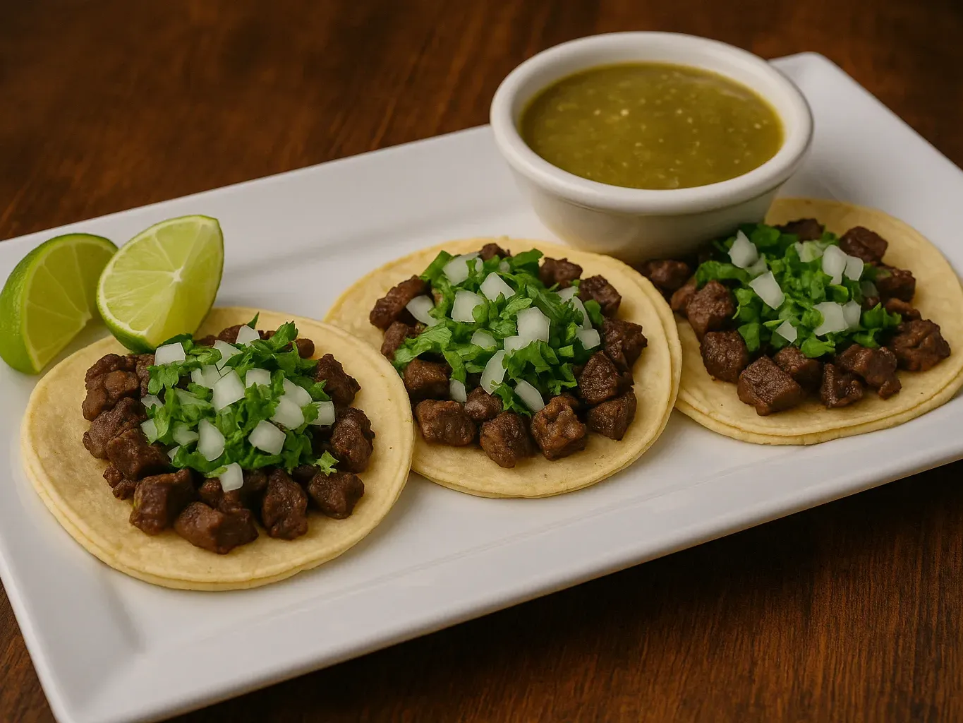 Three steak street tacos on corn tortillas topped with cilantro and onions, served with lime wedges and salsa verde on a rectangular white plate